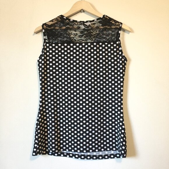 Rockabilly Made in Canada Polka Dot Ruffle and Lace Sleeveless Blouse - Picture 2 of 13